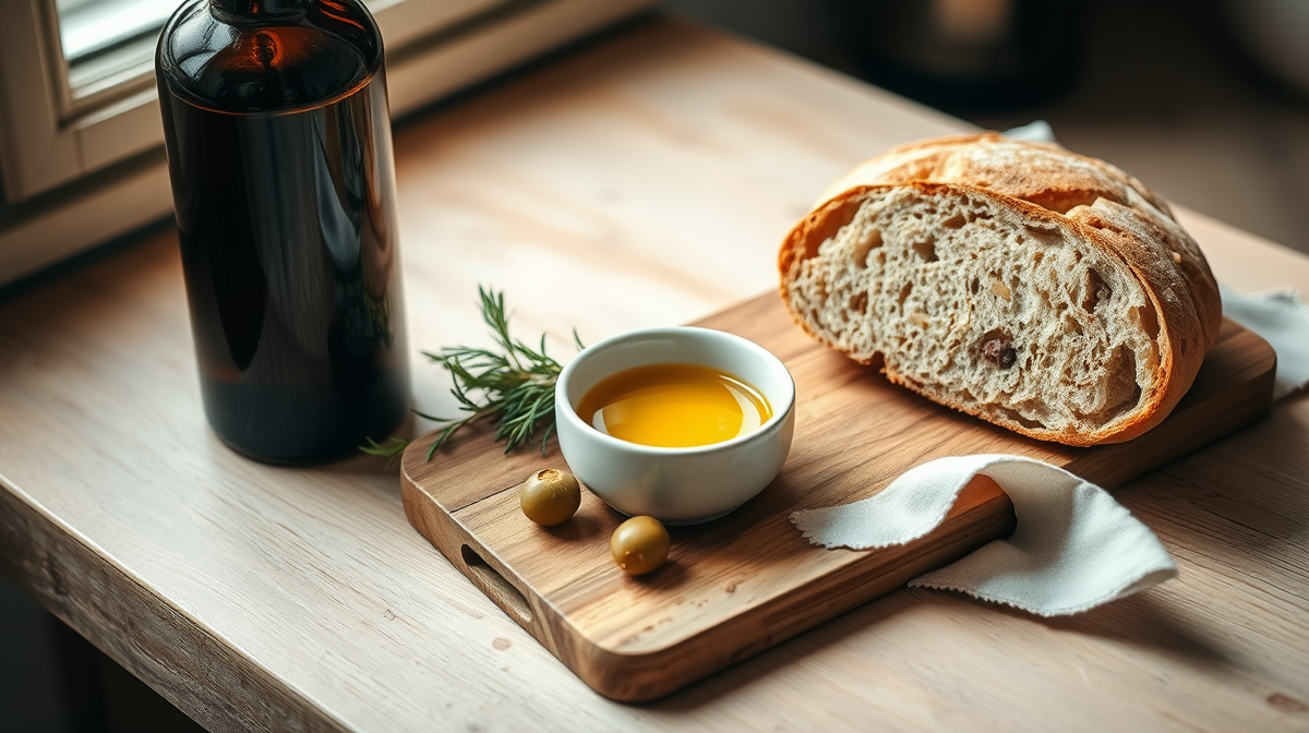 Botella oscura de aceite de oliva, bol de cerámica y aceitunas sobre encimera de cocina rústica.