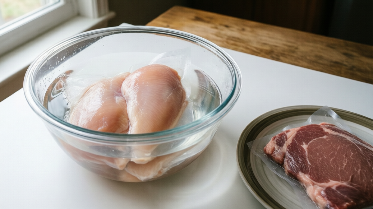 Pollo sellado en agua fría junto a carne descongelada en nevera para comparar texturas