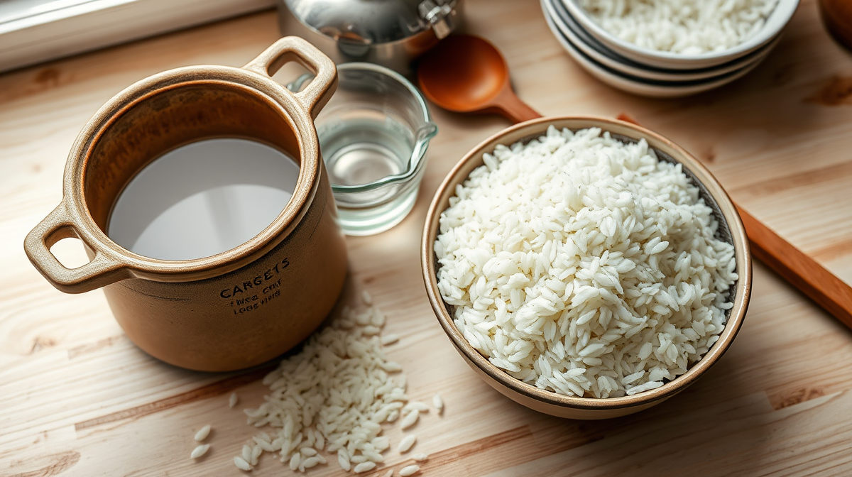 Olla de fondo grueso, arroz lavado en colador y arroz cocido suelto sobre mesa rústica.