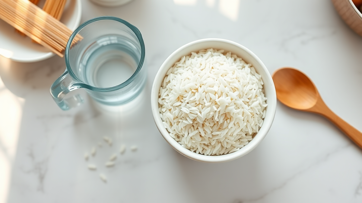 Cuenco de arroz blanco junto a taza medidora y colador sobre encimera de mármol.
