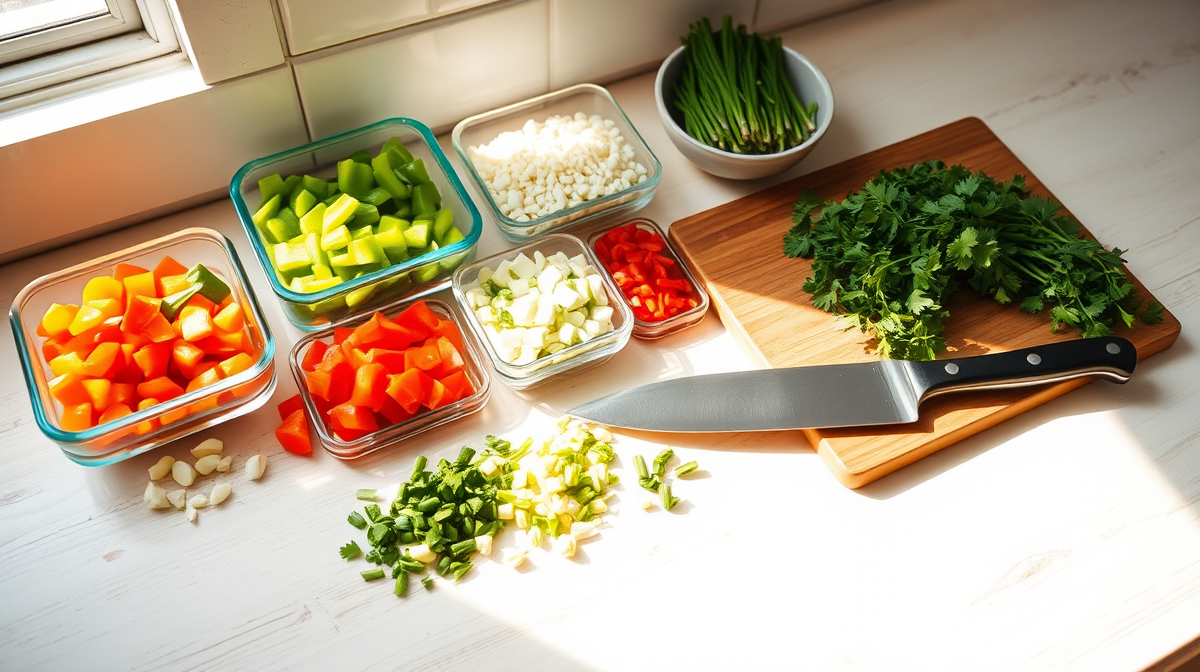 Bandejas de preparación con verduras picadas listas para cocinar sobre una encimera ordenada.