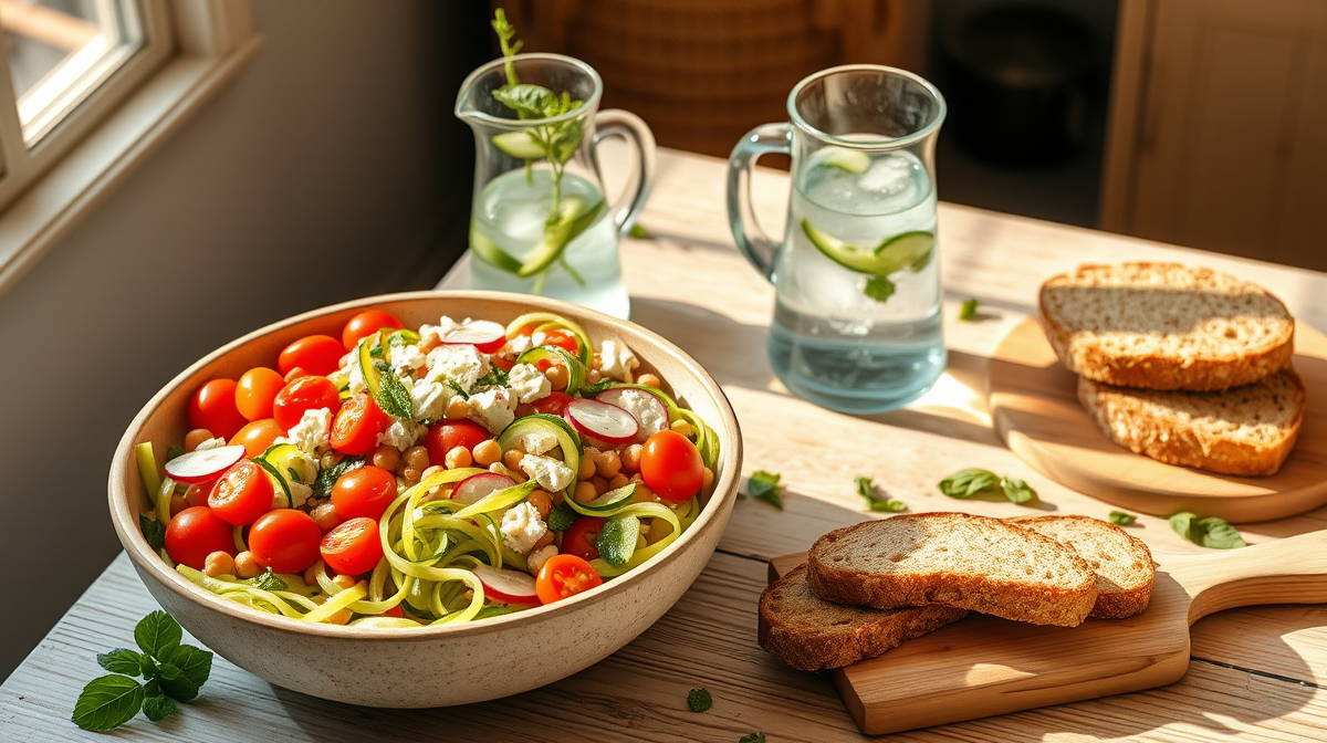 Gran cuenco de ensalada veranieca voluminosa con garbanzos, pepino y pan tostado sobre mesa de madera.