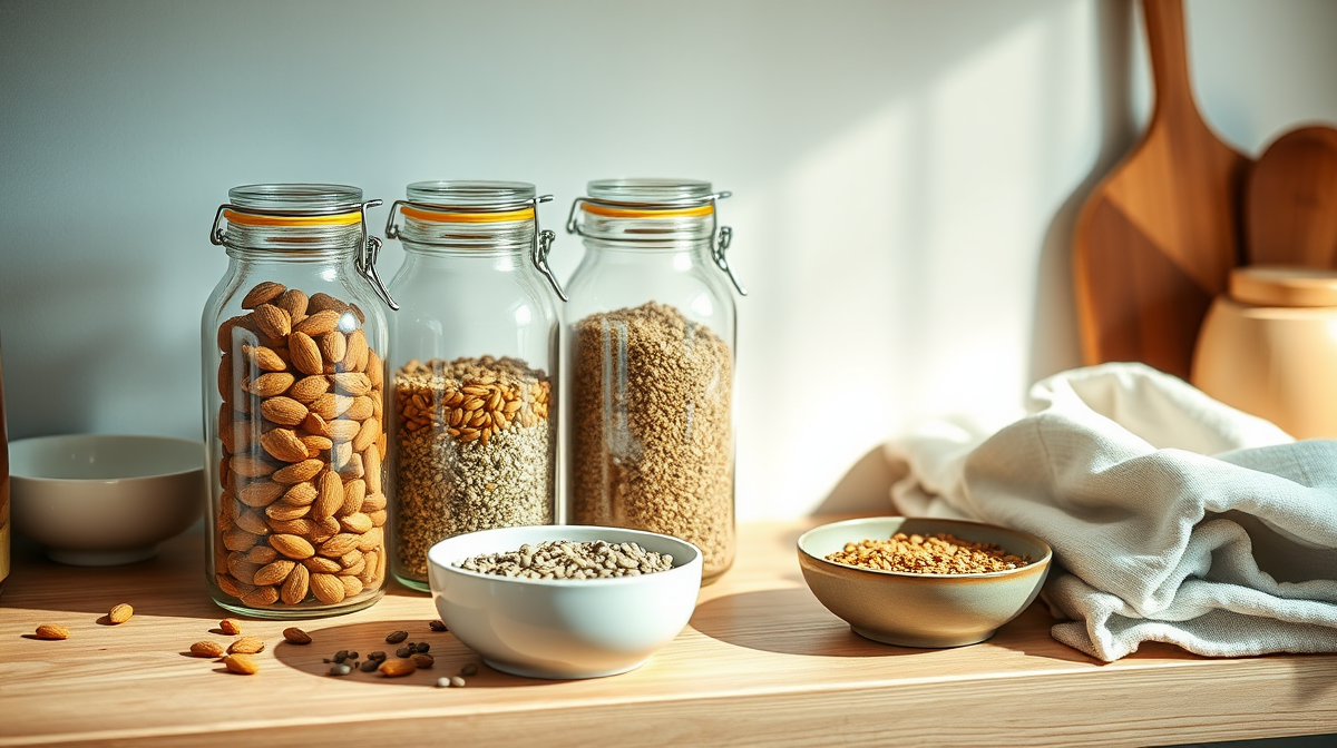Tarro de vidrio hermético con nueces y semillas en estante de despensa fresca.