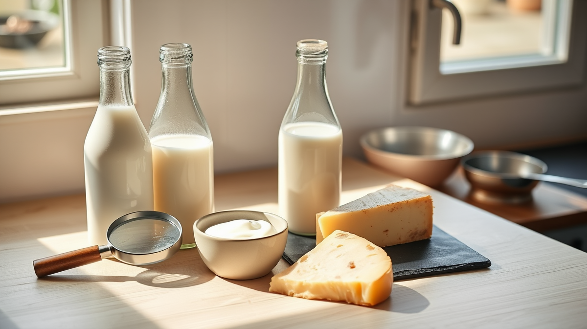 Botellas de vidrio, yogur natural y queso artesanal sobre una mesa de cocina iluminada.