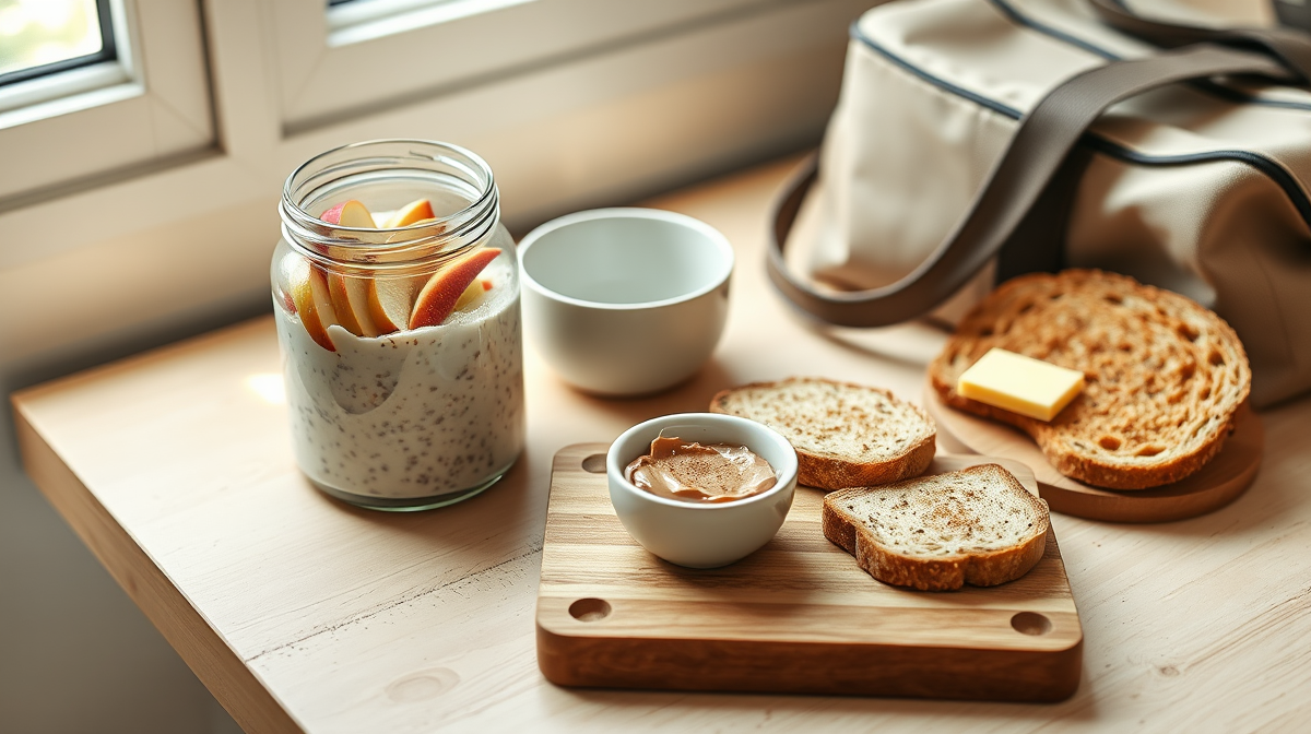 Ingredientes frescos para un desayuno rápido y equilibrado en una cocina luminosa.