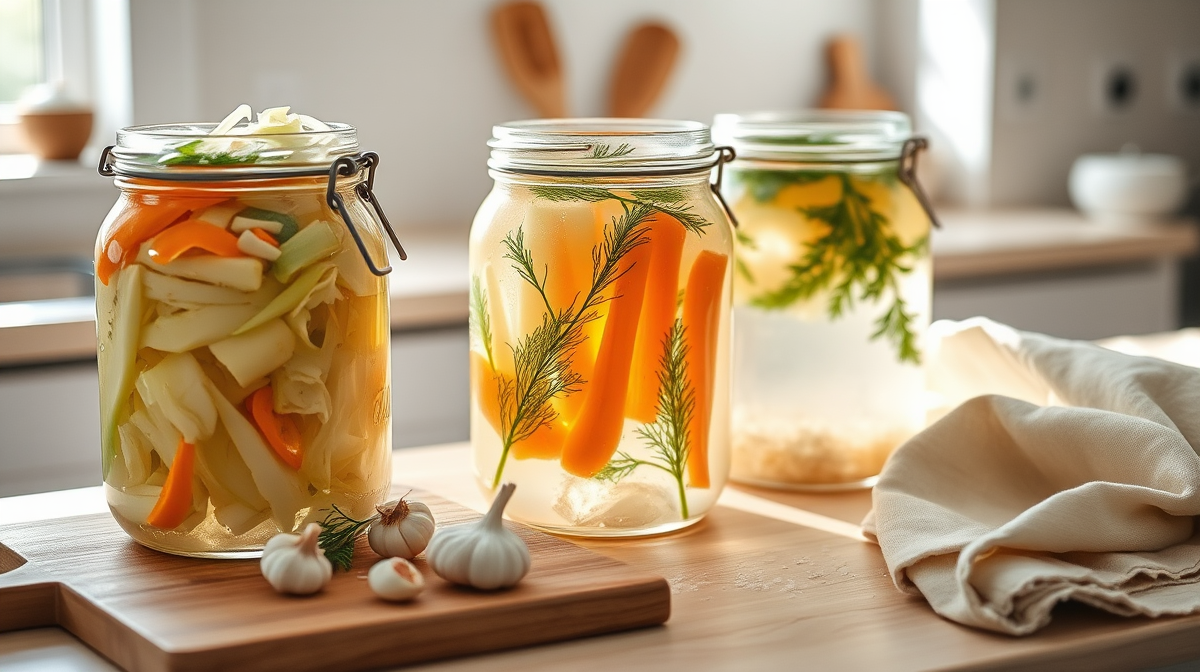 Frascos de vidrio con verduras fermentando sobre una encimera de cocina iluminada por luz natural.