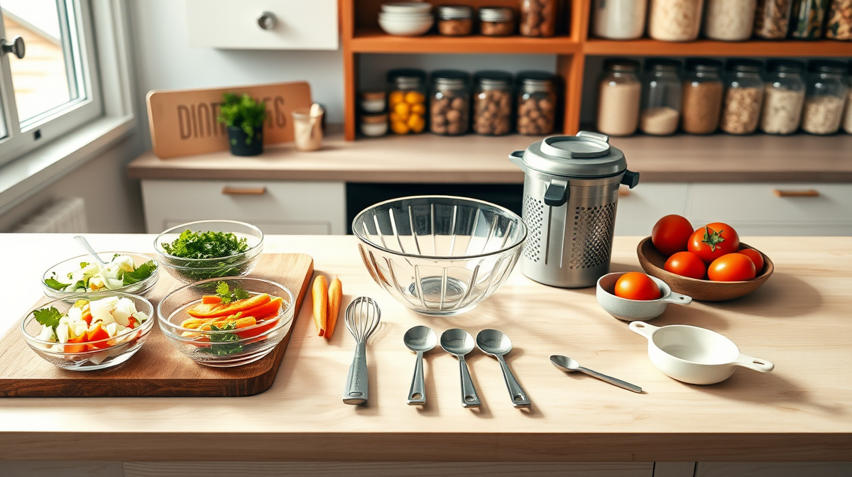 Neatly organized kitchen counter with prep zones, clean utensils, and fresh ingredients.