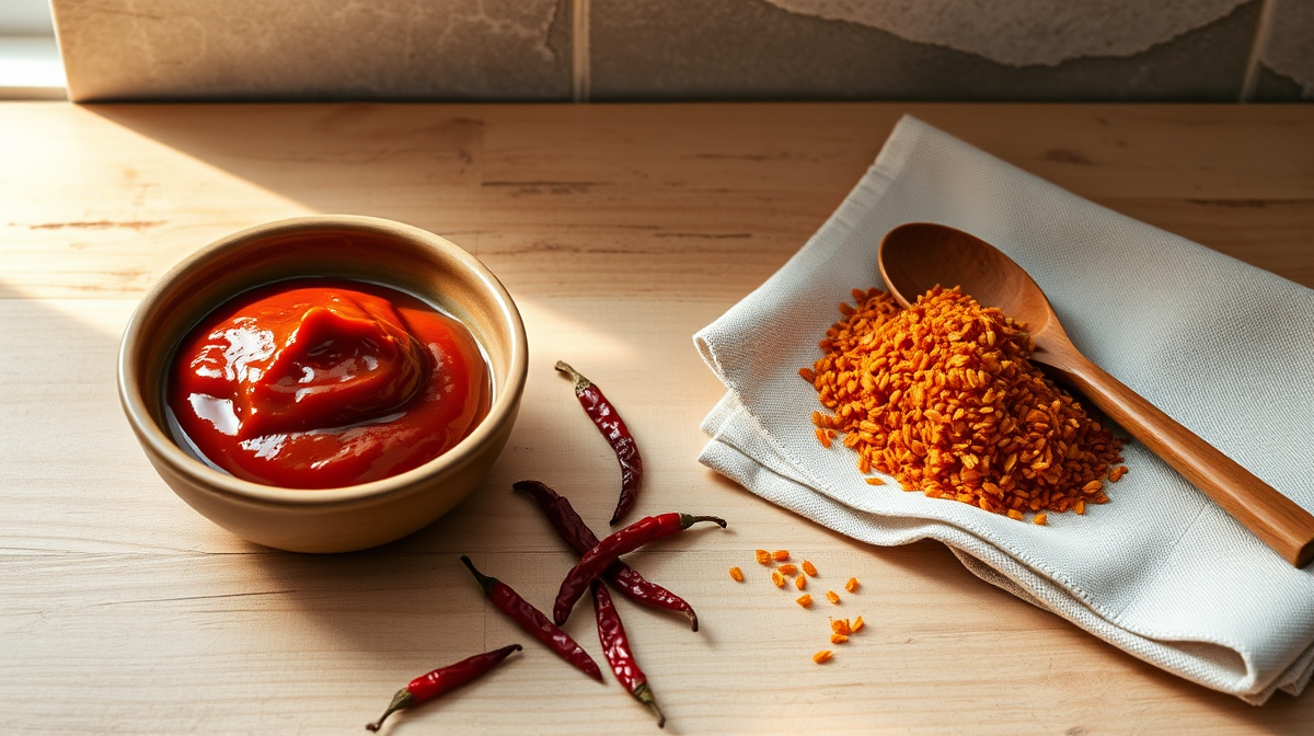 Cuencos de cerámica con pasta gochujang y hojuelas gochugaru sobre madera rústica.
