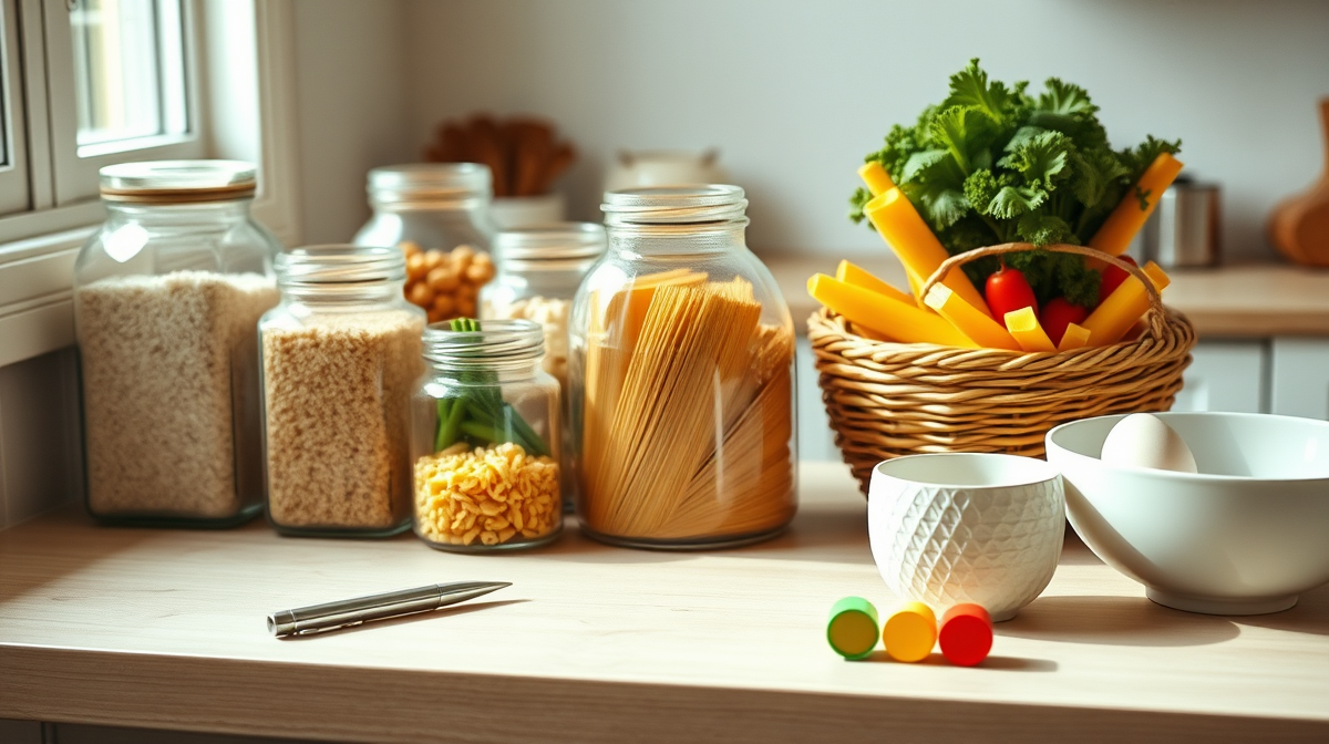Mesa de cocina con despensa categorizada y marcadores de prioridad para planificar compras.