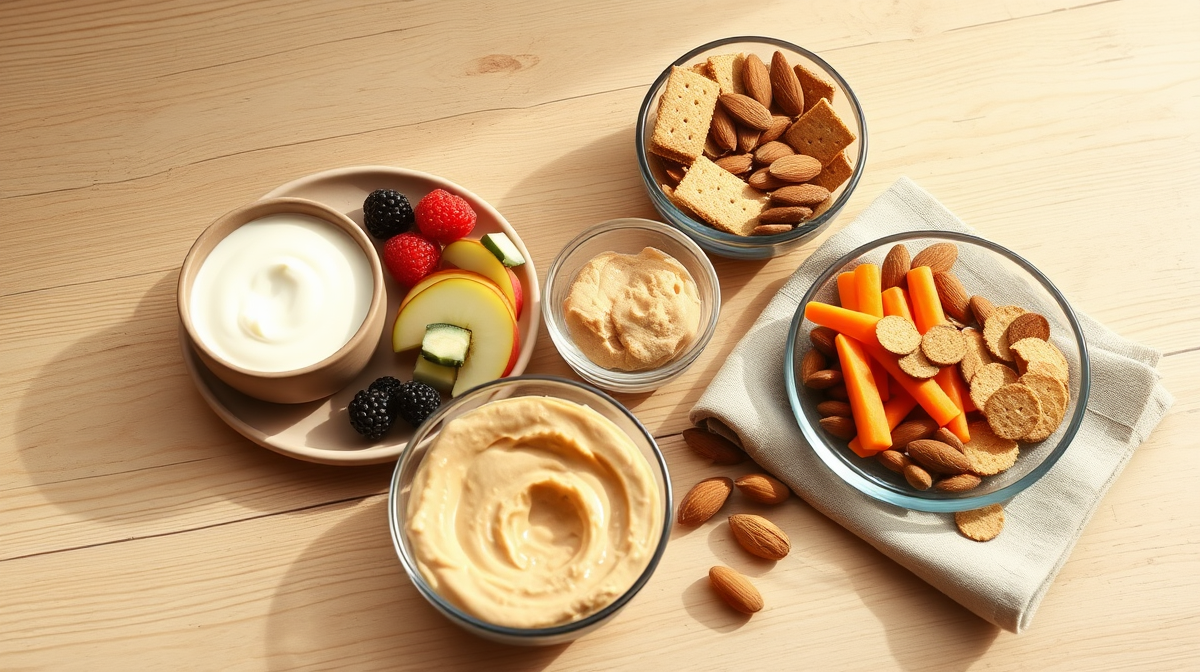 Plato con frutas frescas, yogur natural, hummus y galletas integrales sobre mesa de madera.