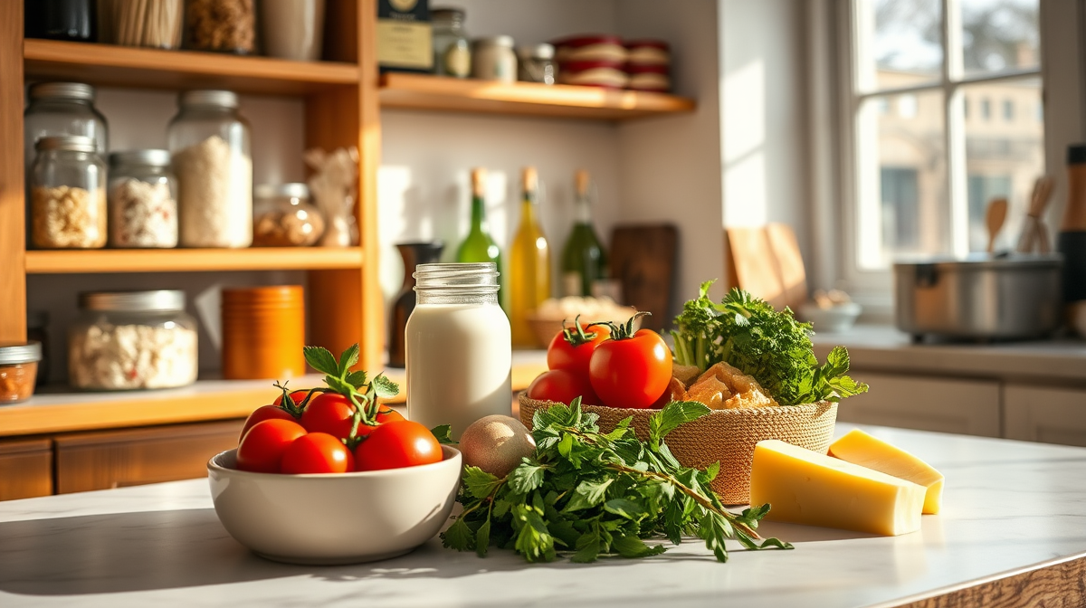 Estantes de despensa organizados con ingredientes frescos y secos sobre una encimera de cocina.