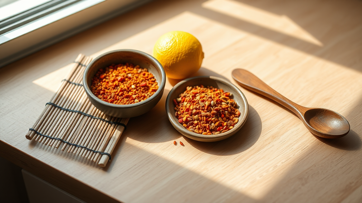 Plato de cerámica con shichimi togarashi y yuzu fresca sobre mesa de madera.