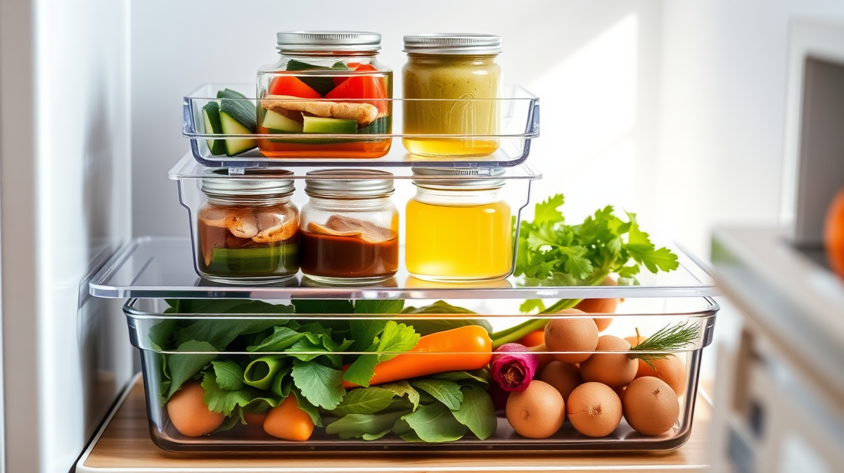 Tres bandejas apilables organizadas con ingredientes frescos y comida preparada en una nevera.