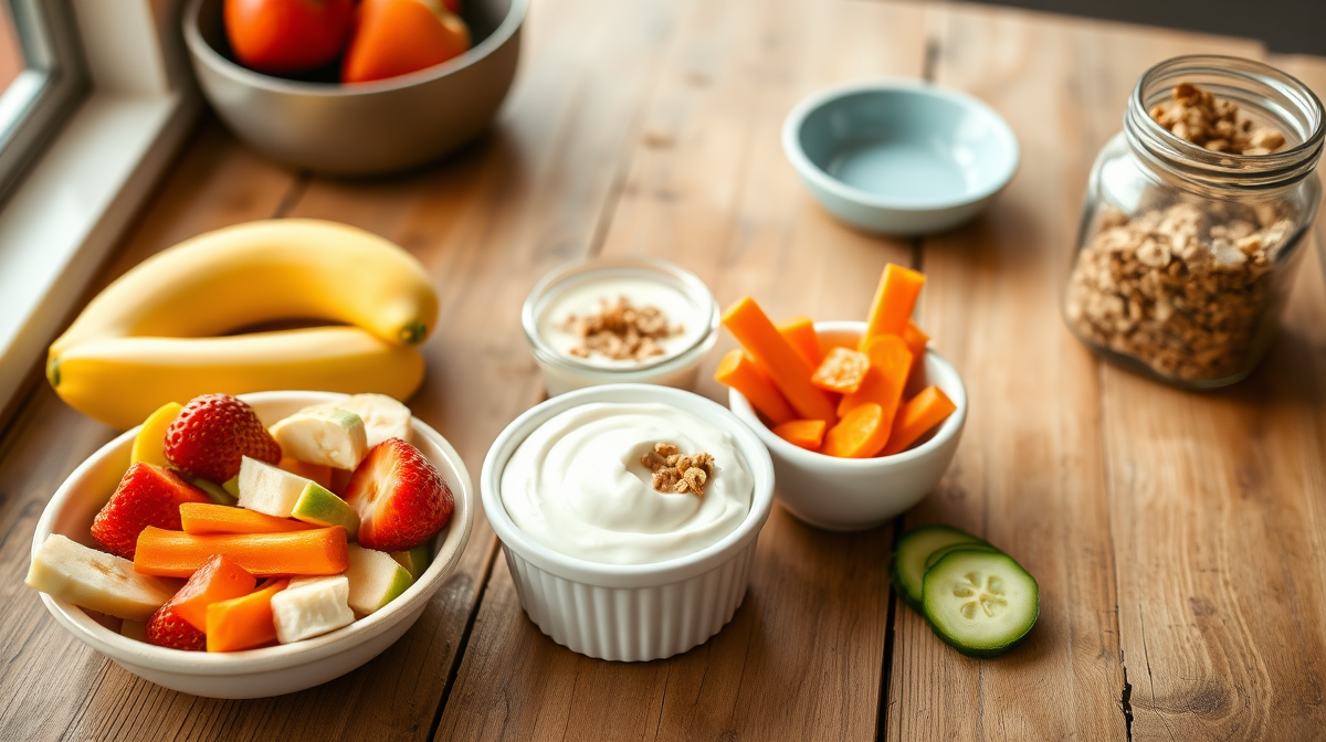 Mesa de madera con frutas, verduras, hummus y yogur natural.