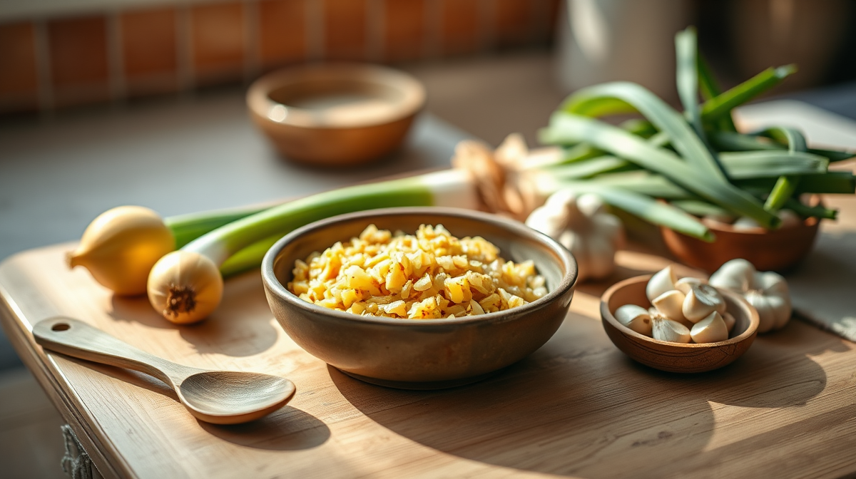 Cuenco de cerámica con sofrito dorado de puerro, cebolla y ajo sobre mesa rústica.