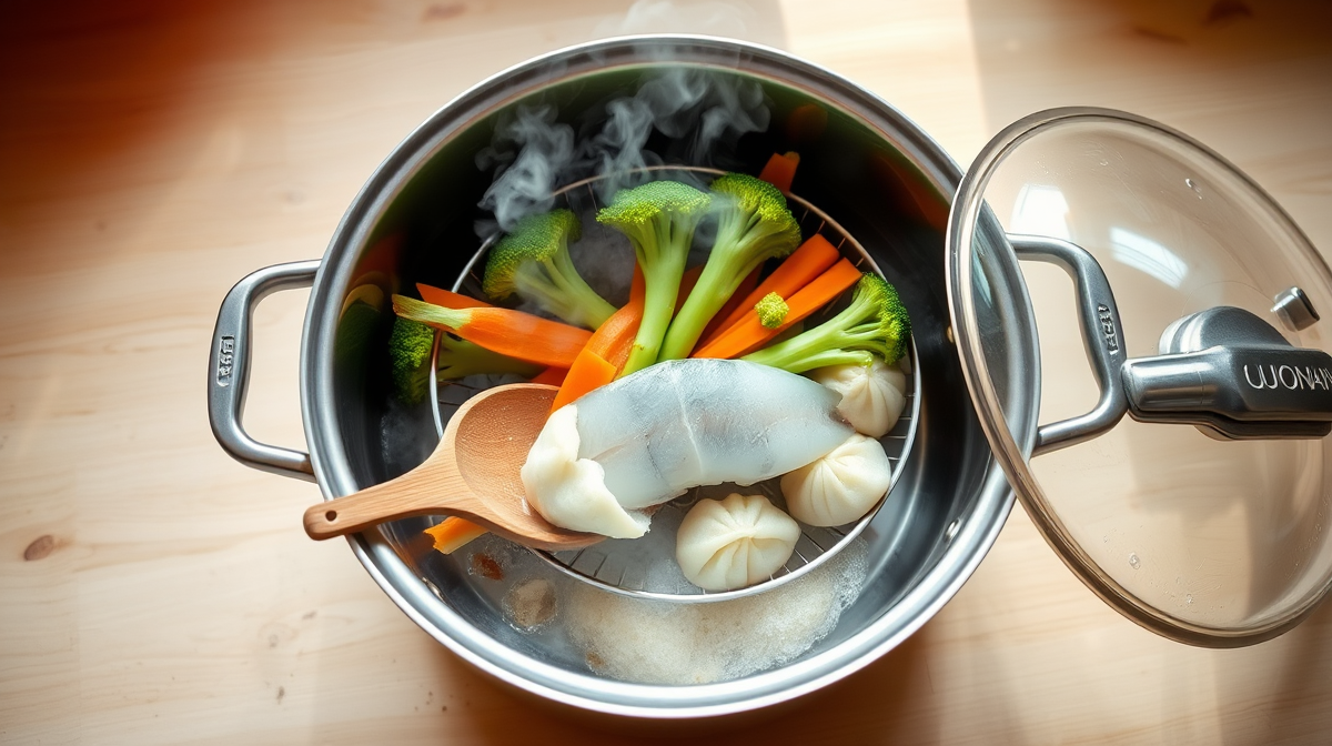 Montaje casero de vapor con colador, verduras frescas y pescado sobre una olla profunda.