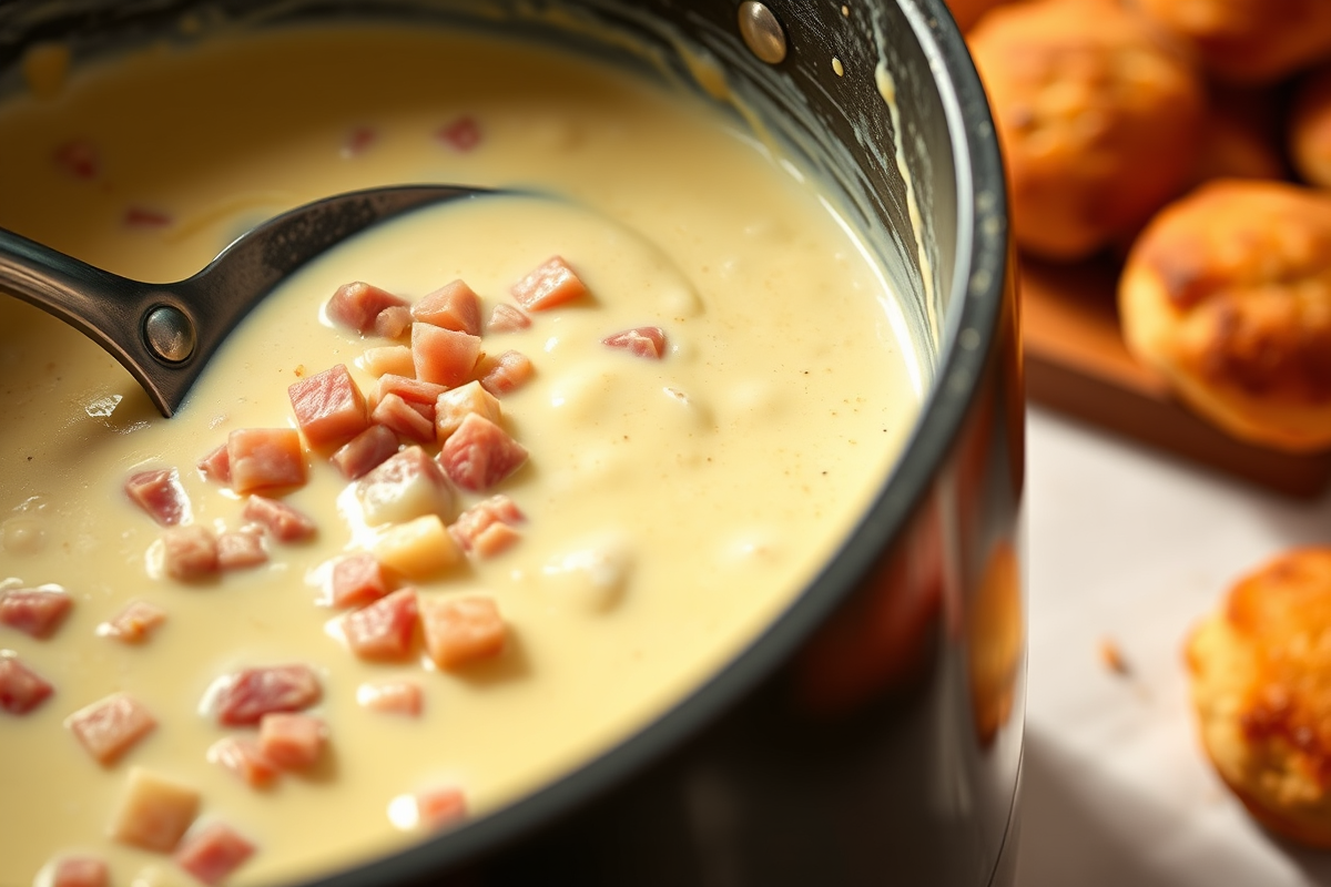 Bechamel espesa con jamón serrano en una cacerola de fondo grueso