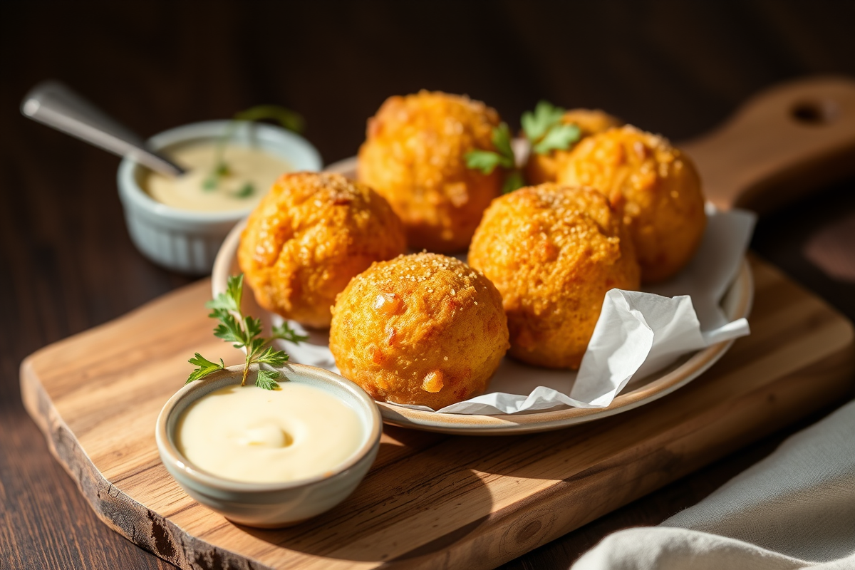 Plato de croquetas caseras de jamón doradas y crujientes sobre una tabla de madera rústica