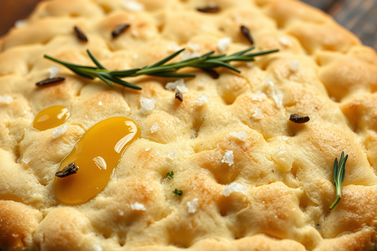 Masa de focaccia con hoyos uniformes, aceite de oliva, romero fresco y sal gruesa antes de hornear