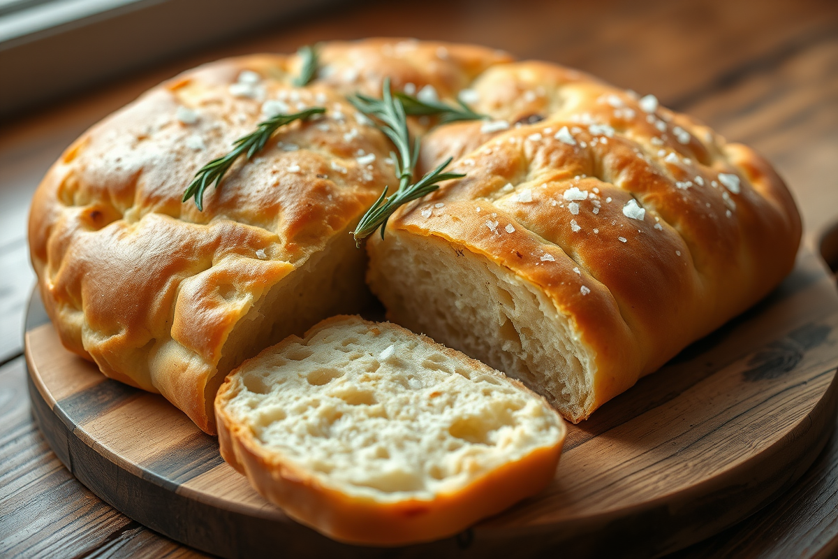 Focaccia italiana recién horneada sobre tabla de madera rústica con ramitas de romero fresco y escamas de sal gruesa