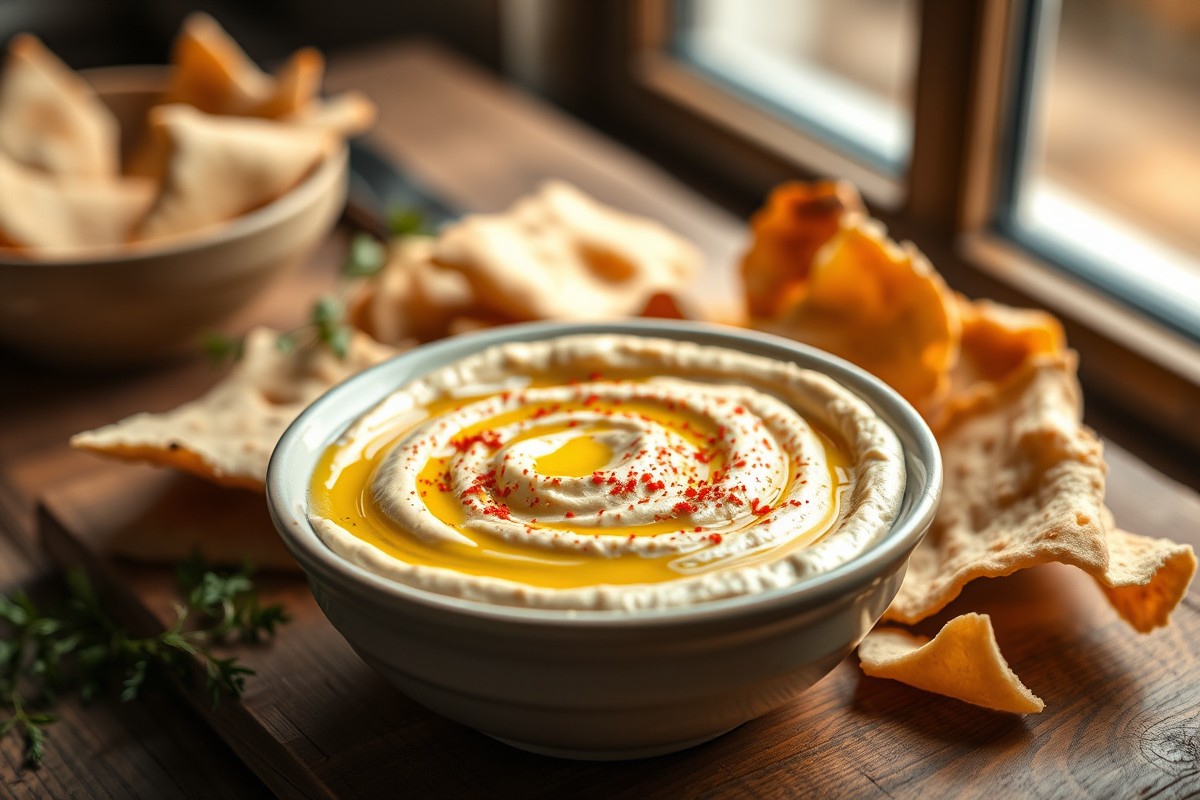 Tazón de hummus casero cremoso con aceite de oliva y pan de pita caliente