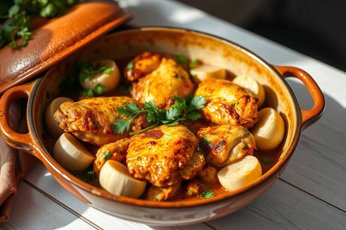 Golden Spanish garlic chicken with parsley served in a rustic ceramic skillet