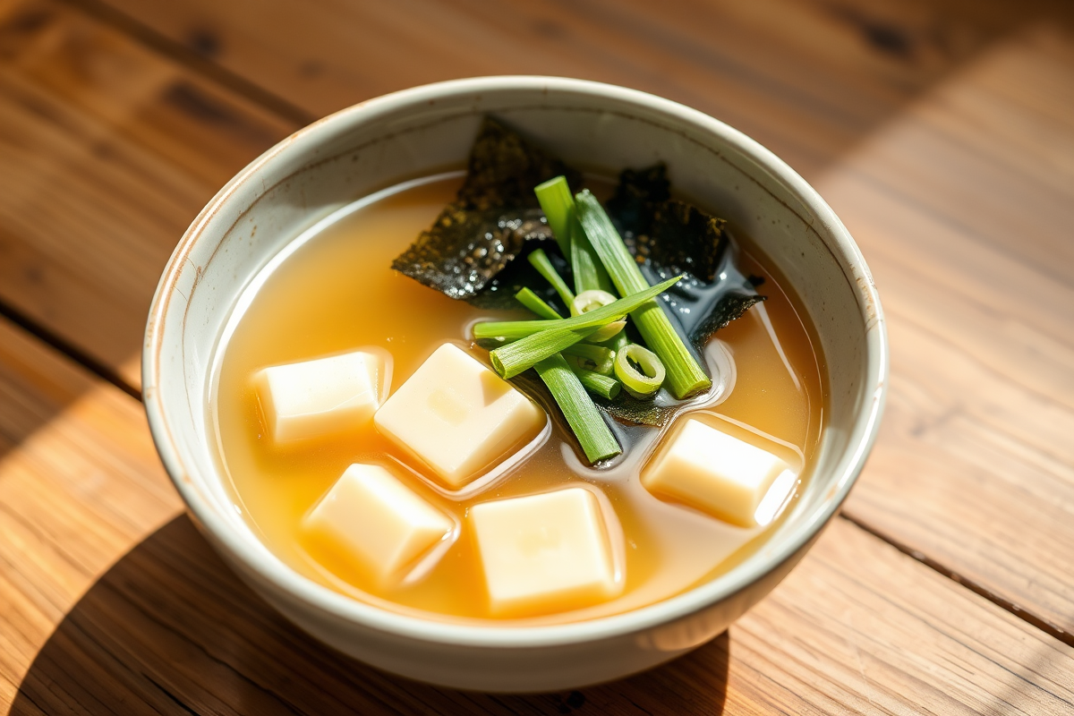 Tazón de sopa de miso transparente con cubos de tofu, algas wakame y cebollín fresco sobre mesa de madera rústica