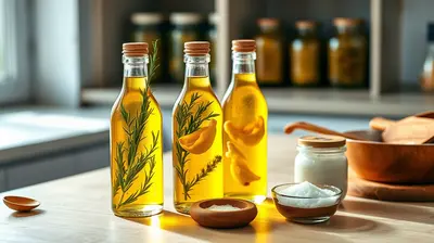 Tres botellas de vidrio con aceite de oliva e hierbas frescas sobre una encimera de cocina limpia.