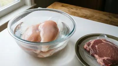 Pollo sellado en agua fría junto a carne descongelada en nevera para comparar texturas