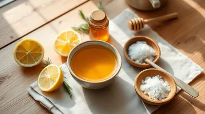Mesa rústica con limón, miel y sal de mar junto a un tazón de caldo.
