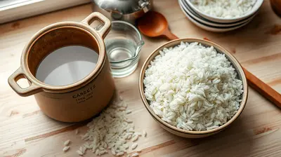 Olla de fondo grueso, arroz lavado en colador y arroz cocido suelto sobre mesa rústica.