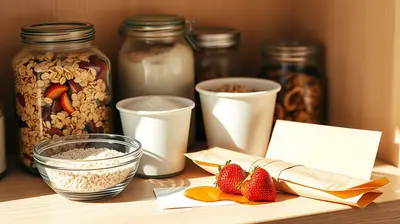 Estante de despensa con yogures, granola, frutas y azúcar en un ambiente luminoso.