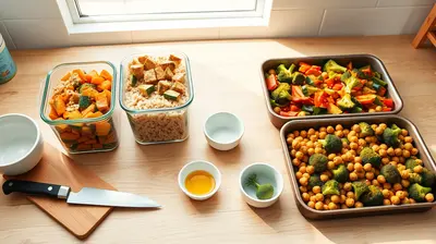 Contenedores de vidrio con arroz, verduras asadas y garbanzos sobre una encimera de madera.