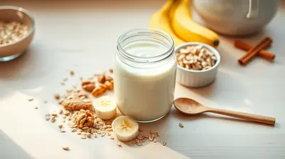 Frasco de yogur natural con avena, nueces y rodajas de plátano sobre encimera de cocina clara.
