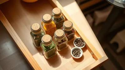 Cajón de madera con frascos de vidrio organizados y especias secas separadas.
