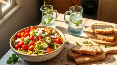 Gran cuenco de ensalada veranieca voluminosa con garbanzos, pepino y pan tostado sobre mesa de madera.