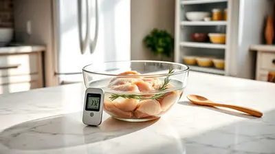Bolsa sellada en agua fría junto a un termómetro y nevera abierta en cocina limpia.