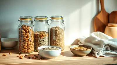 Tarro de vidrio hermético con nueces y semillas en estante de despensa fresca.