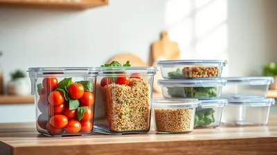 Contenedores de vidrio y plástico organizados en una encimera de cocina limpia.