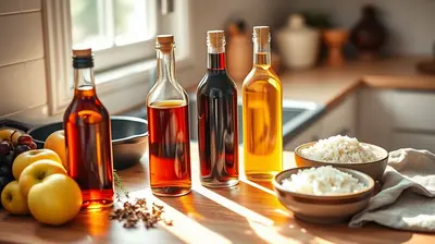 Tres botellas de vinagre junto a ingredientes frescos y una sartén sobre una encimera de madera.
