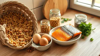 Legumbres, huevos y pescado fresco dispuestos con equilibrio sobre una encimera rústica.