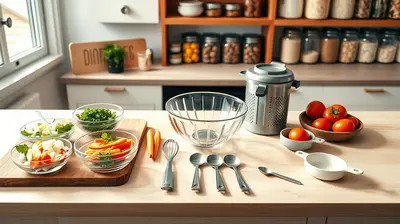 Neatly organized kitchen counter with prep zones, clean utensils, and fresh ingredients.