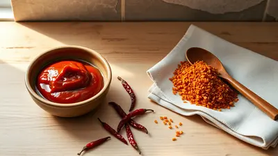 Cuencos de cerámica con pasta gochujang y hojuelas gochugaru sobre madera rústica.