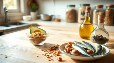 Platos con nueces, semillas de lino, aguacate y sardinas sobre una mesa de madera.