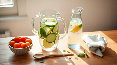 Jarra de agua fresca con rodajas de pepino y limón sobre encimera de cocina iluminada.