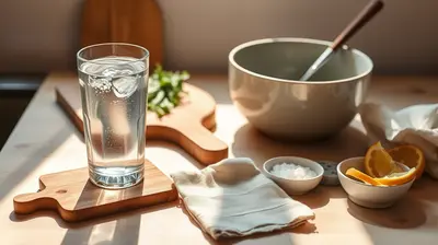 Vaso de agua sobre encimera de cocina con utensilios y hierbas frescas.