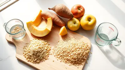 Ingredientes de carbohidratos integrales y frescos sobre una mesa de cocina iluminada.