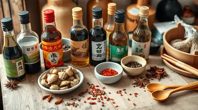 Ingredientes asiáticos sobre una mesa de madera: salsas, setas shiitake y especias.