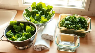 Hojas verdes frescas en colador y escurridor junto a recipientes de vidrio sobre encimera clara.