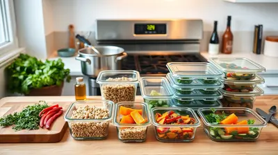 Contenedores de vidrio y verduras cortadas listos para la preparación semanal en una cocina ordenada.